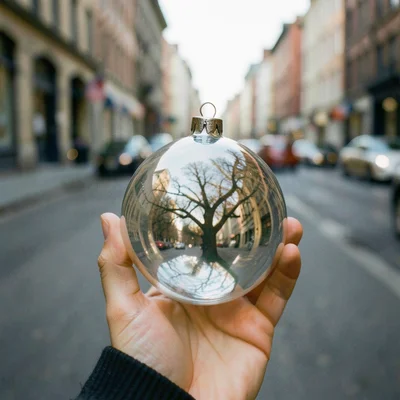 Vintage glass ornament in hand, reflection of tree visible on surface