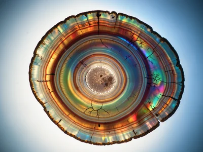 Ammolite fossil shell, opal-like iridescent display of red, green, and gold from