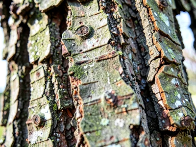 Oak bark deep furrows aged