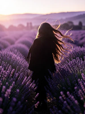 Hair flowing silhouette filled with lavender field in Provence, purple haze, dou