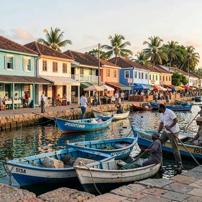 Chattel house colors in Barbados afternoon light, Speightstown fishermen landing