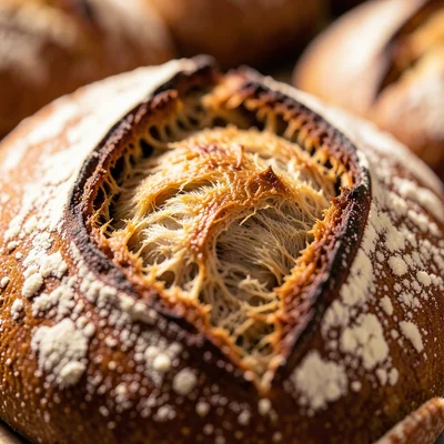 The surface of a freshly baked sourdough loaf: the ear of the score, flour on th