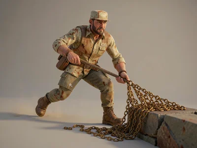 A salvage-diver mid-step heaves a sodden net of brass chain links over a low uns
