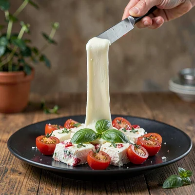Hand-pulled ribbon of mozzarella stretching from a knife above a dark plate of f