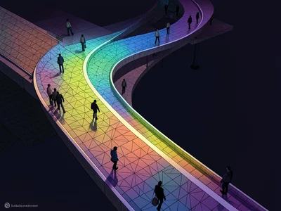 Train station platform that curves upward and over, passengers at all angles