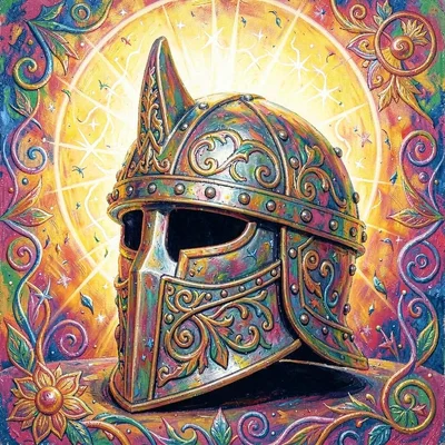 Ornate prop study of a heavy plate helmet with crested visor and rivets