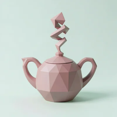 A single faceted teapot in dusty pink with curling triangular steam above it set