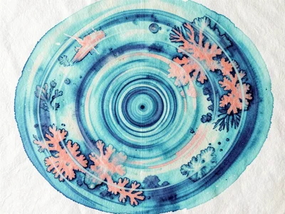 Japanese water marbling resembling aerial view of tropical reef, turquoise and c