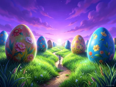 A vast dreaming landscape where enormous painted Easter eggs the size of houses 