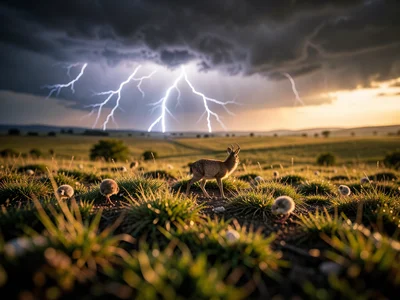 Lightning storm over plains, tilt-shift from space station view, miniature weath