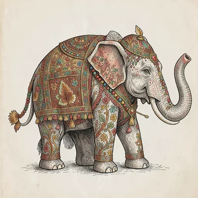 Kalamkari pen illustration, an elephant decorated for festival procession , hand