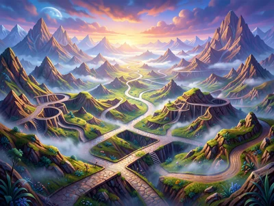Landscape of confusion — Escher-like terrain, paths going everywhere, foggy inte