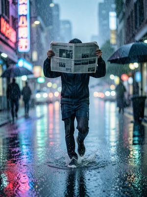 A person running through rain holding a newspaper over their head, water splashi