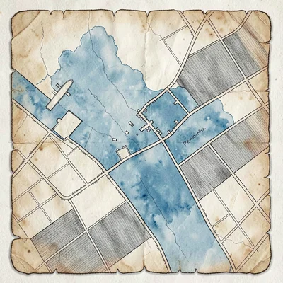 Top-down course map illustration as an aged parchment of the harbor marathon rou