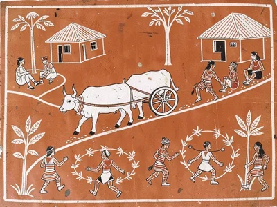Ox-cart procession moving along path — two oxen pulling, figures seated and walk