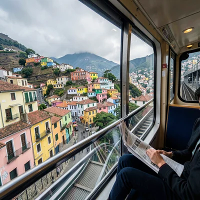 Valparaiso hillside color, painted houses climbing, Funicular car interior, sing