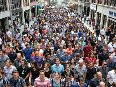 Crosswalk crowd compressed into layers of people