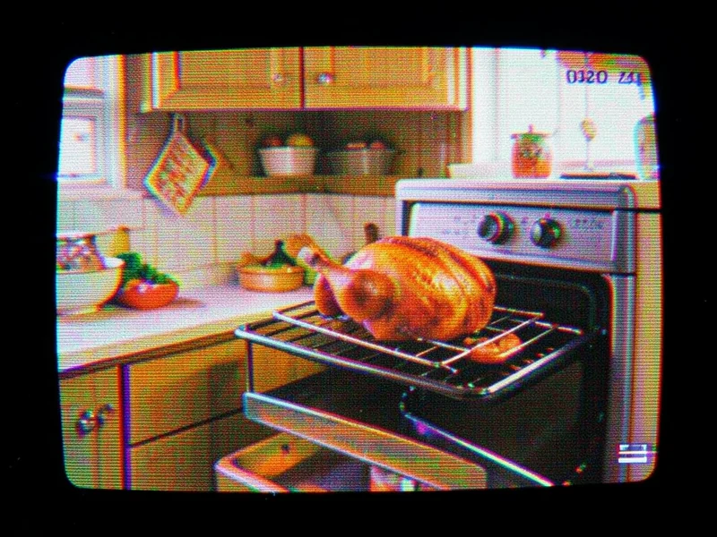 Paused VHS frame of grandmother's kitchen, turkey in oven, tracking lines