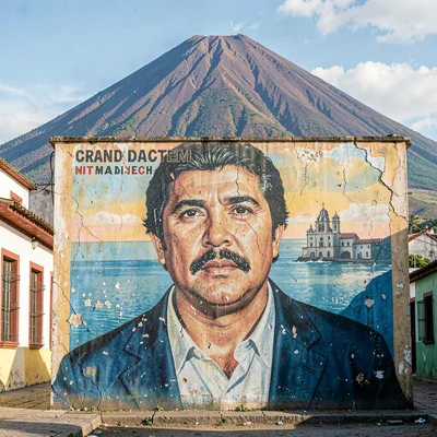 Colonial color against volcano in Granada, Nicaragua, A weathered revolutionary 