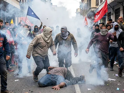 Protesters running through tear gas, faces wrapped in cloth, one figure turning 