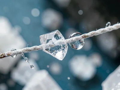 Sugar crystal growing on string closeup