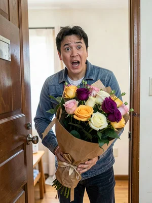 Person opening door to surprise delivery of flowers, bouquet obscuring genuine s