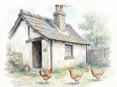 Traditional Irish cottage with half-door, chickens in the yard, rendered in deli