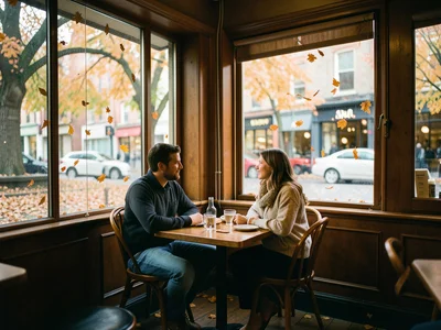 A corner café in autumn, large windows showing the interior, a couple at a table