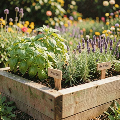 An herb garden in a raised bed with labeled wooden stakes for basil, thyme, rose