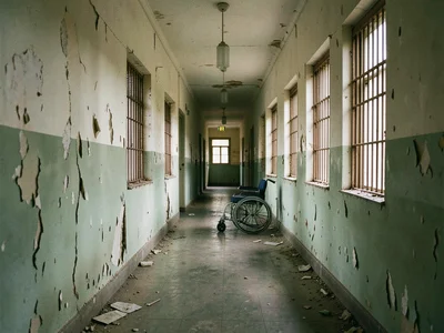 Hospital corridor with peeling paint, wheelchair at the end, morning light throu