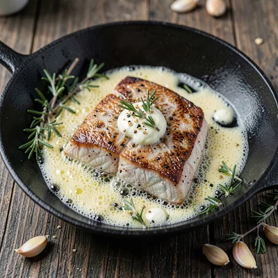 butter-basted halibut steak in a dark pan with bubbling foamy butter, thyme spri