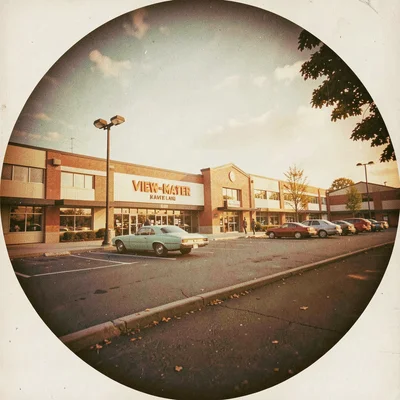 Suburban strip mall parking lot framed in View-Master circular vignette with Kod