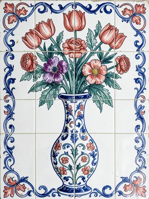 Vessel panel — slender-necked vase with bouquet of mixed Iznik flowers sprouting