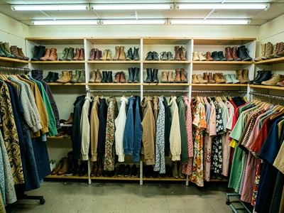 Shoe wall, paired and shelved, every style every era, walking history
