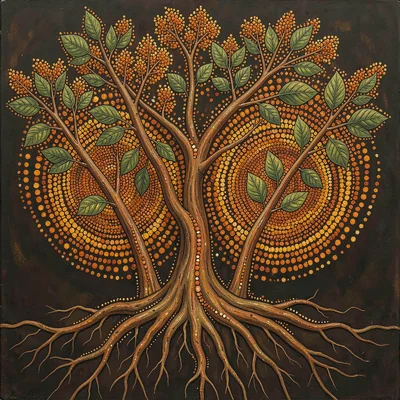 Indigenous Australian dot painting illustration, bush tucker plants with roots e