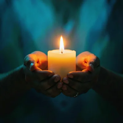 Hands cupping a candle, the warm glow illuminating skin, the background dissolve