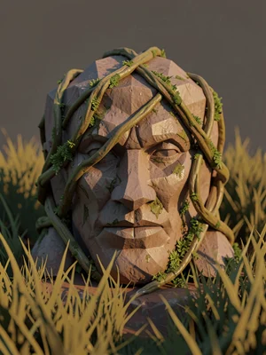 Half-buried faceted stone idol in a lowpoly grass field with thick vines wrapped