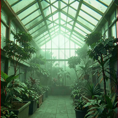 Anaglyphic stereo 3D photograph, Greenhouse interior with plants at varying dept
