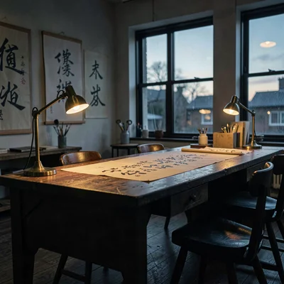 Atmospheric photo of the calligraphy studio at dusk, brass lamps glowing amber o