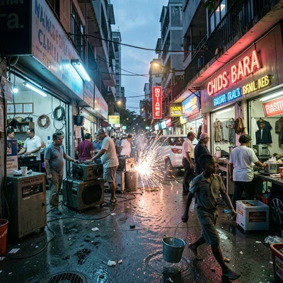 Documentary photograph of megacity life, dense urban scene, A generator repair s