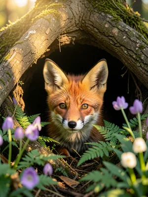 A red fox kit peeking out from its den entrance surrounded by emerging ferns and
