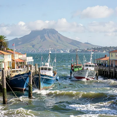 Cape Town southeaster wind shaping the scene, Hout Bay fishing boats straining a