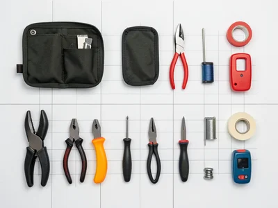 An electrician's pouch: wire strippers, pliers, screwdrivers, voltage tester, ta