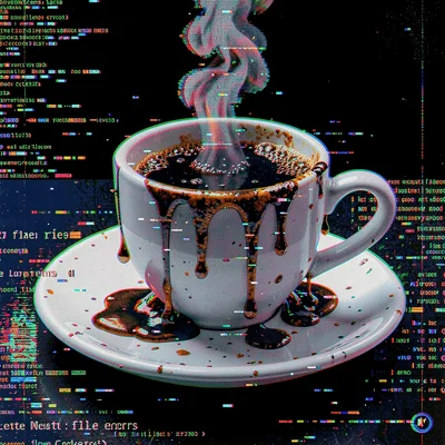 Glitch art illustration, coffee cup melting digitally , digital corruption artif