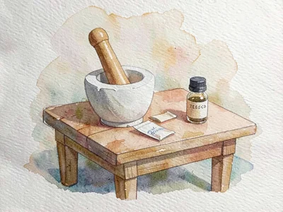 Papercraft scene of a tiny worktable covered with paper pestle and mortar, small