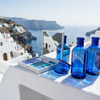 Sidi Bou Said cobalt-white, cliff-top absolute palette, Blue glass bottles arran