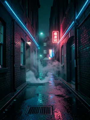 A cyberpunk-adjacent London alley, blue LED strips and a single red neon sign, s
