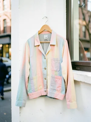 Pastel linen jacket hanging on wooden hanger against white wall, window light