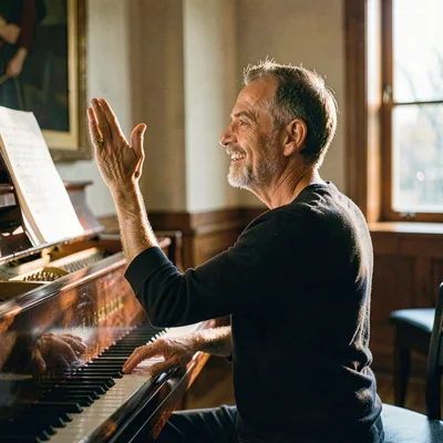 Voice coach portrait at a piano-side rehearsal, hand raised in cadence, painterl