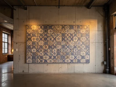 Zellige tile mosaic pattern on exposed concrete wall, factory loft, warm lightin